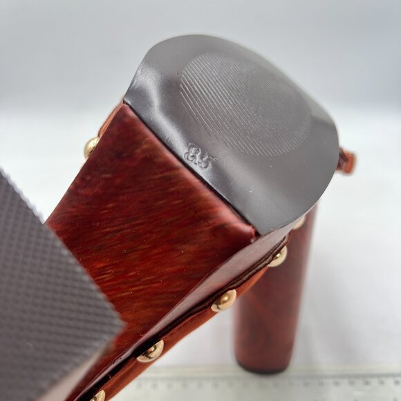 YDN Brown Rivet Studded Platform Chunky High Heeled Sandal Slingback Buckle Shoe - Picture 6 of 8